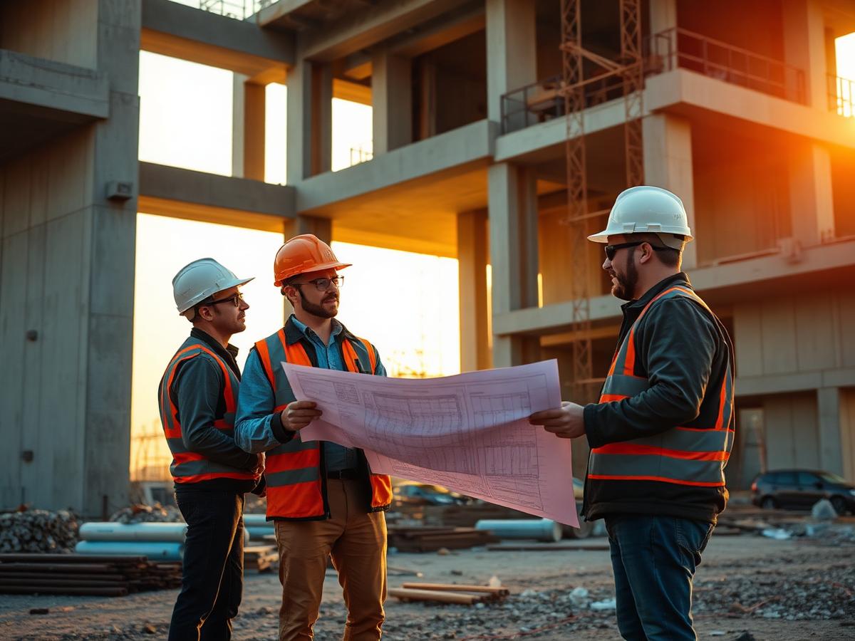 Equipo profesional revisando planos en obra